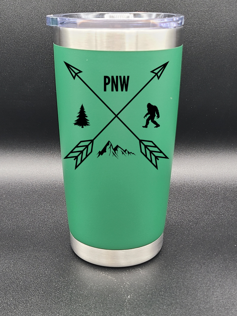 Pacific Northwest PNW Crossed Arrows - Customizable 20 Oz Coffee Cup - Water Tumbler - Bigfoot Bigheart Studio