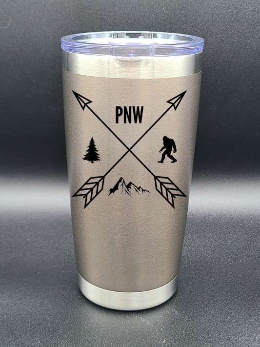 Pacific Northwest PNW Crossed Arrows - Customizable 20 Oz Coffee Cup - Water Tumbler - Bigfoot Bigheart Studio