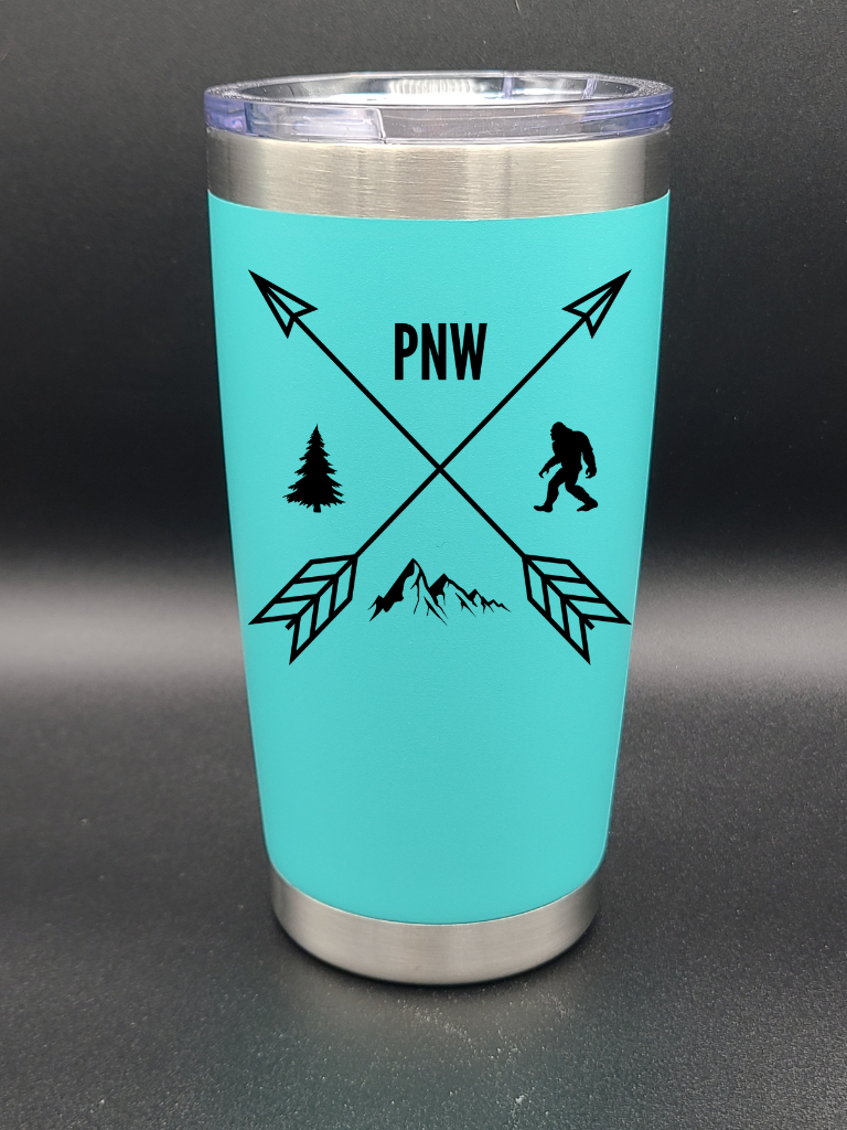 Pacific Northwest PNW Crossed Arrows - Customizable 20 Oz Coffee Cup - Water Tumbler - Bigfoot Bigheart Studio