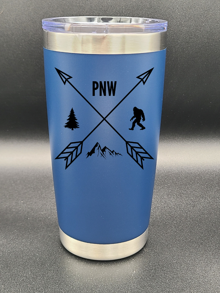 Pacific Northwest PNW Crossed Arrows - Customizable 20 Oz Coffee Cup - Water Tumbler - Bigfoot Bigheart Studio