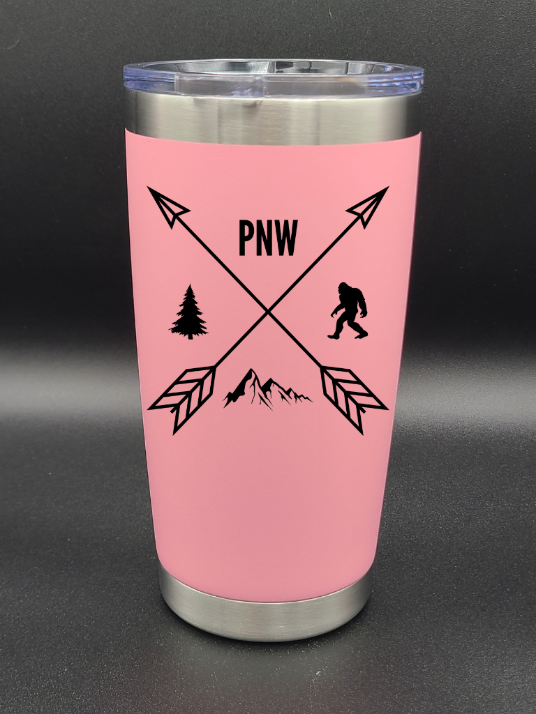 Pacific Northwest PNW Crossed Arrows - Customizable 20 Oz Coffee Cup - Water Tumbler - Bigfoot Bigheart Studio