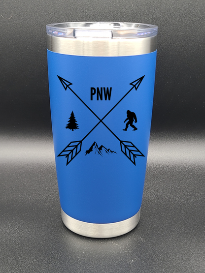 Pacific Northwest PNW Crossed Arrows - Customizable 20 Oz Coffee Cup - Water Tumbler - Bigfoot Bigheart Studio