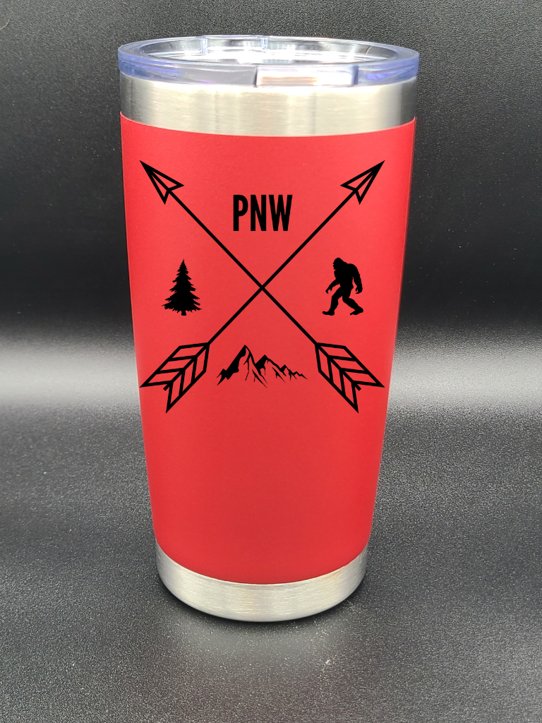 Pacific Northwest PNW Crossed Arrows - Customizable 20 Oz Coffee Cup - Water Tumbler - Bigfoot Bigheart Studio