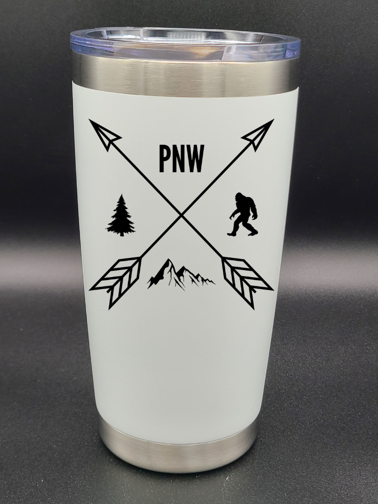 Pacific Northwest PNW Crossed Arrows - Customizable 20 Oz Coffee Cup - Water Tumbler - Bigfoot Bigheart Studio