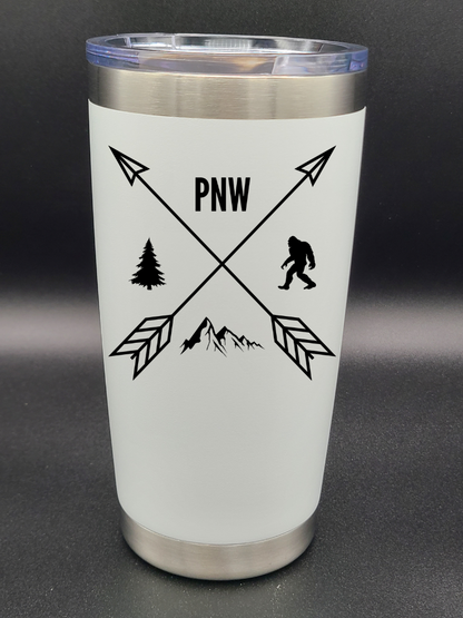 Pacific Northwest PNW Crossed Arrows - Customizable 20 Oz Coffee Cup - Water Tumbler - Bigfoot Bigheart Studio