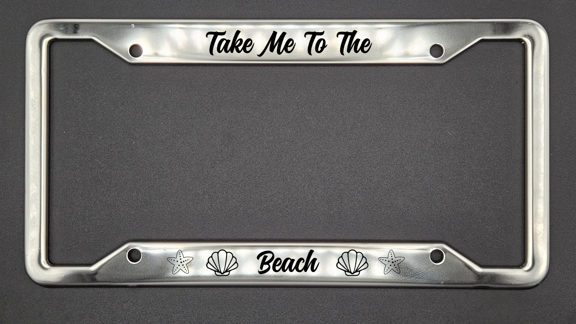 Take Me To The Beach - Stainless Steel License Plate Frame - Bigfoot Bigheart Studio