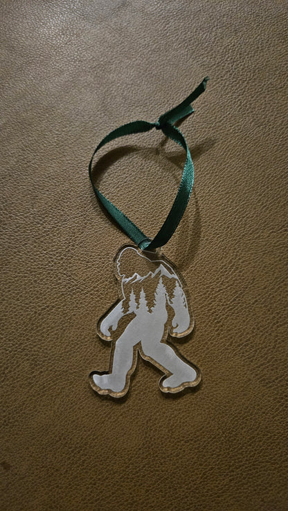 Bigfoot With Mountains - Acrylic Christmas Ornament